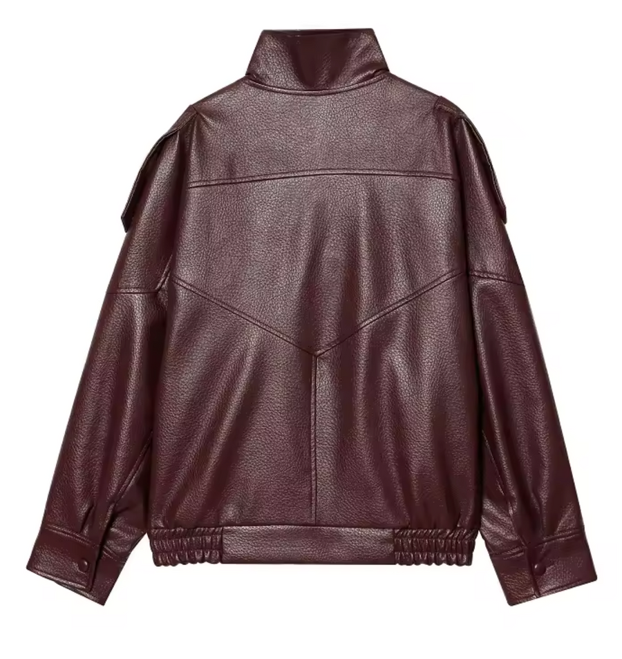 Chaqueta biker oversize de cuero vegano en burdeos, vista trasera