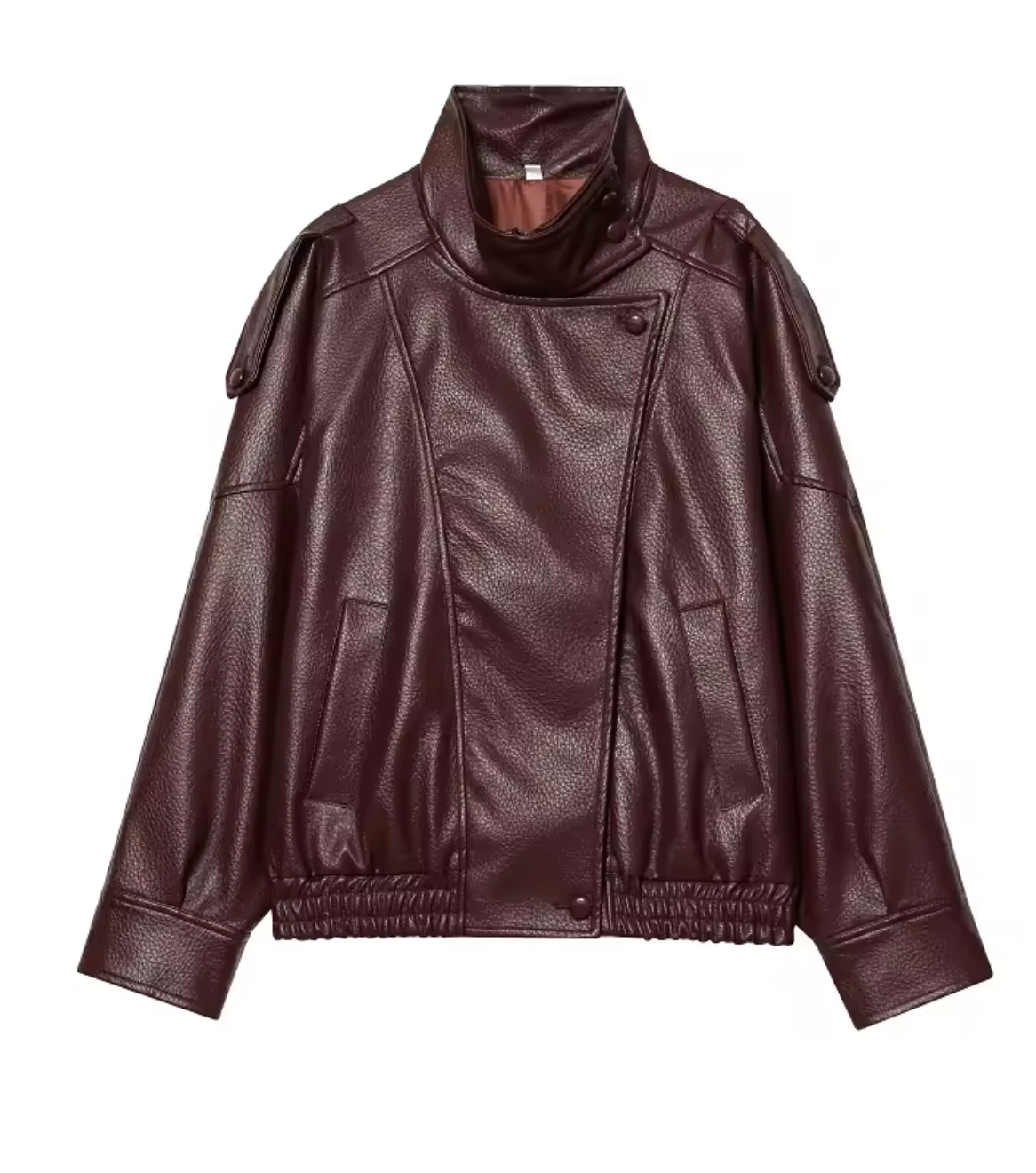 Chaqueta biker oversize de cuero vegano en burdeos, vista frontal