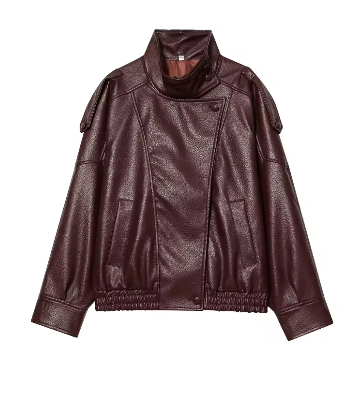 Chaqueta biker oversize de cuero vegano en burdeos, vista frontal alternativa